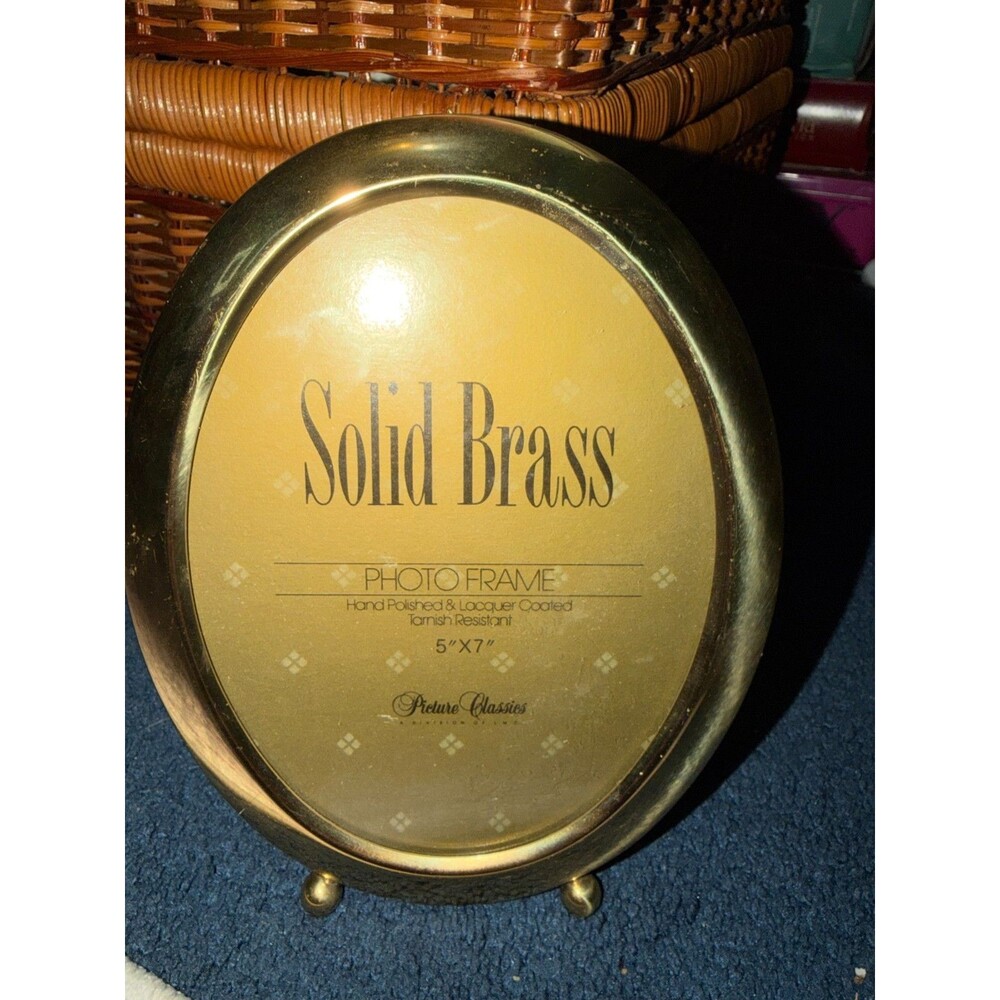 VTG Solid Brass Oval Picture Frame 5” x 7” Footed Hand Polished Lacquer Coated